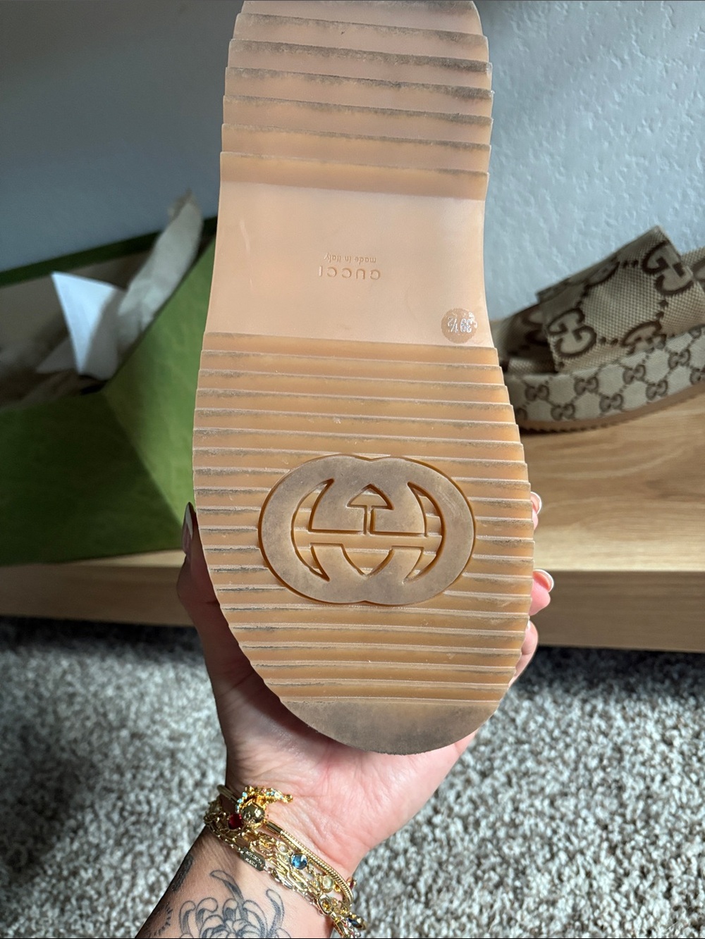 Gucci Beige/Brown GG Canvas Platform Slide Mules - Picture 6 of 8